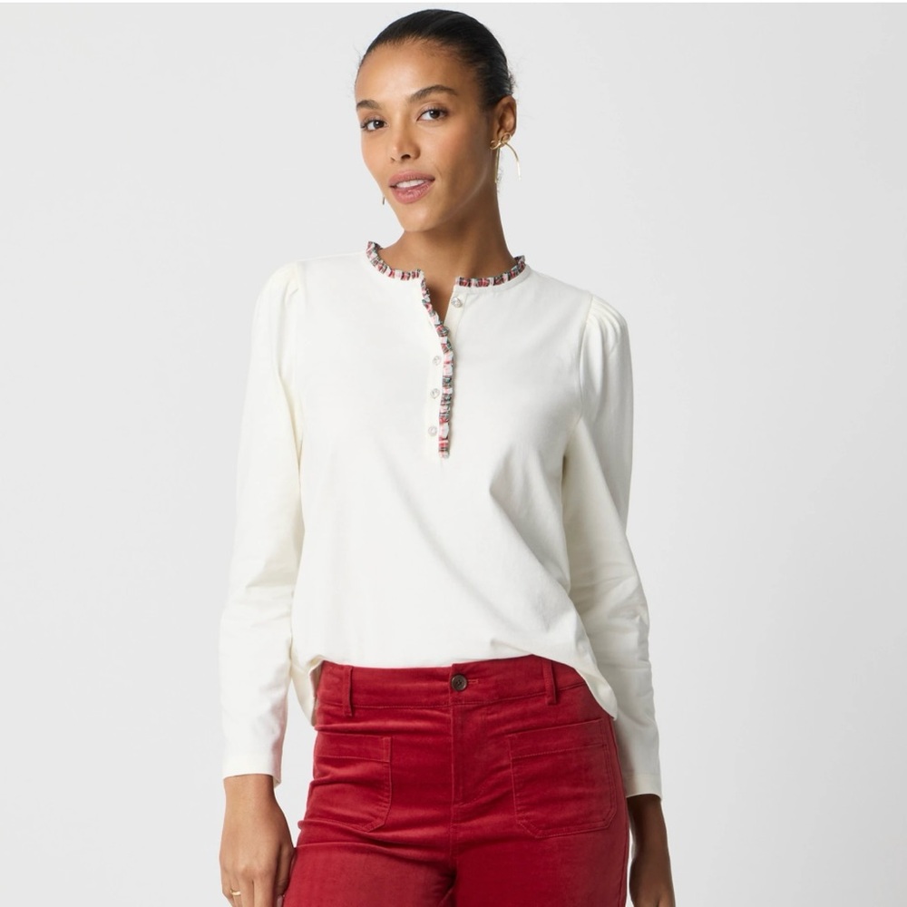 NWT J Crew Holiday Plaid Ruffle-Neck Button-Up Top XXL‎ preppy Classic Christmas